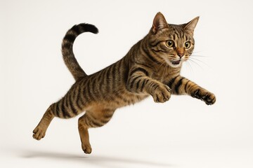 Obraz premium Playful tabby cat midair leap isolated on white high speed motion capture dynamic pose whiskers tail and fur detail studio cutout for creative layouts