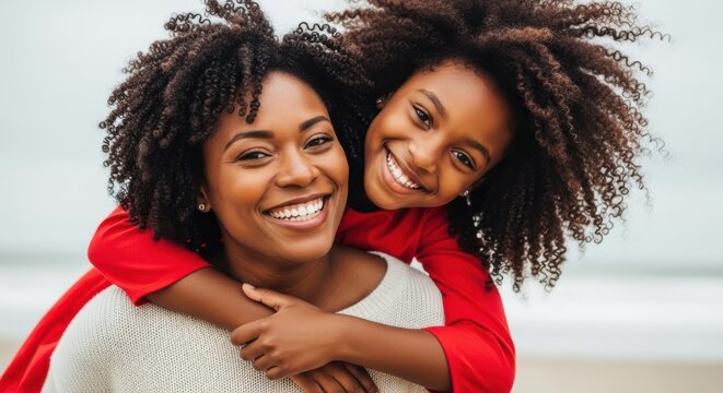 Happy african american mother and daughter hugging and smiling, family portrait, lifestyle, advertising