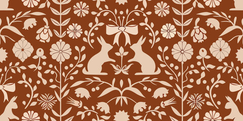 Charming folk art style seamless pattern featuring stylized rabbits and floral motifs in earthy tones © Milton