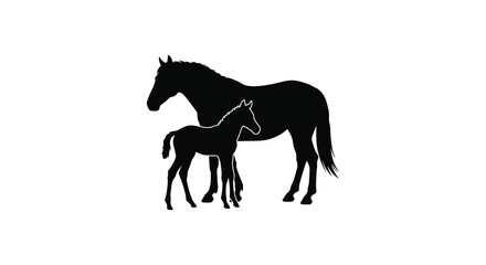 a silhouette of horse and foal standing close together