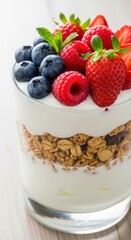 Layered Yogurt Parfait with Fresh Berries and Granola in Glass Cup, Close-Up