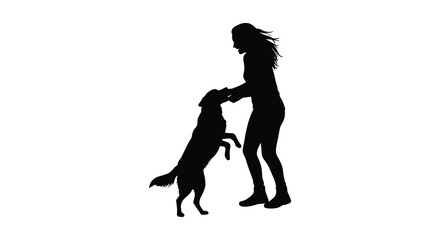 a woman petting her dog in silhouette form