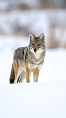 Fototapeta premium A captivating coyote stands poised in a snowy landscape, its gaze directed towards the viewer.