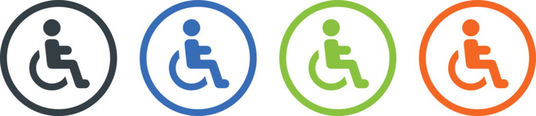 accessibility, icon, symbol, wheelchair, person, disabled, handicap, sign, graphic, design, blue, green, orange, dark gray, circle, isolated, white background, user, mobility, assistance, support, pub