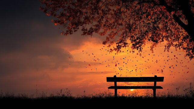 Lonely bench silhouette under tree with orange sunset sky, flying autumn leaves and dramatic horizon, ideal for emotional storytelling, romantic posters, melancholic backgrounds, inspirational quot...