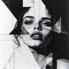 Female with Geometric line art in 8K resolution, sharp black and white contrast