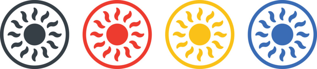sun, icon, symbol, weather, heat, light, energy, solar, bright, day, summer, climate, celestial, object, dark gray, red, yellow, blue, circle, rays, warmth, sunshine