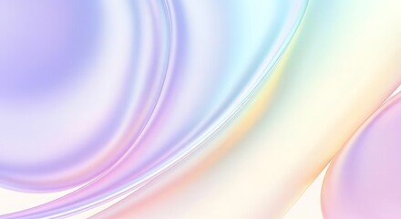 Abstract background with soft, liquid pearlescent surfaces. A dreamy and gentle concept for wellness. Flowing pastel shapes with a subtle holographic rainbow gradient.