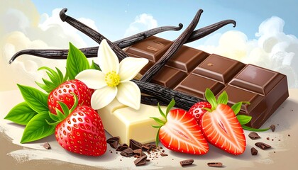 Chocolate bar with strawberries and vanilla