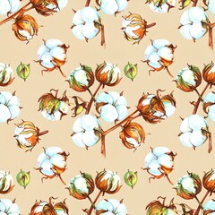 Watercolor cotton plant pattern