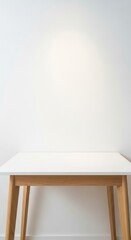 Serene Scandinavian Simplicity: Empty White Tabletop with Oak Legs in Soft Light