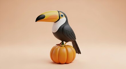 Naklejka premium Charming toucan perched atop a vibrant pumpkin against a soft peach backdrop in a delightful autumn scene