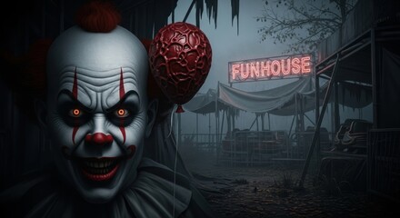 Terrifying Clown with Red Balloon Lurks by Abandoned Funhouse at Dusk