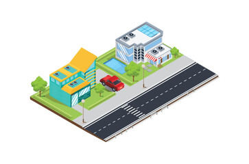 Vector isometric Suburbian buildings composition with outdoor view of two neighbourhood areas with villas and residential yards. 