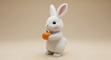 Obraz premium Adorable white bunny holding a miniature pumpkin against a soft beige background
