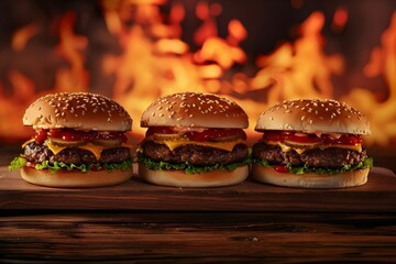Three burgers on a wooden board, against a background of fire and flames, with studio lighting, high-resolution photography, insanely detailed