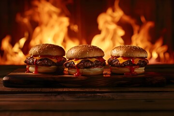 Three burgers on a wooden board, against a background of fire and flames, with studio lighting, high-resolution photography, insanely detailed