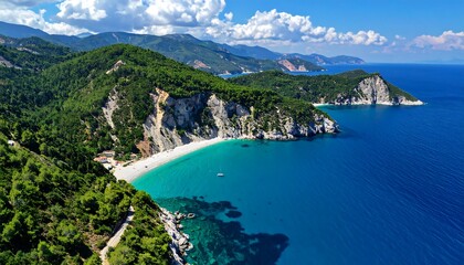 Fototapeta premium A stunning coastal vista showcases a turquoise bay nestled amongst lush green hills, dramatic cliffs, and a vibrant azure sea.