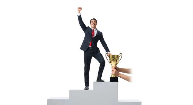 Businessman Celebrates Success Holding Trophy modern illustration inspired by Businessman Celebrates Success Holding Trophy