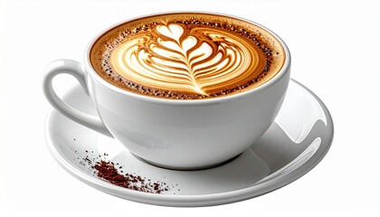 A beautifully crafted latte with intricate foam art, served in a white ceramic cup and saucer, perfect for a morning beverage