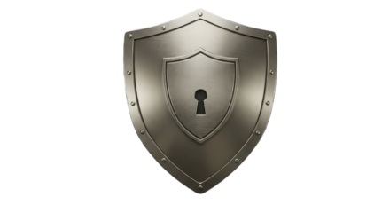 Metal shield with keyhole isolated on transparent background representing security, protection, and safety concept