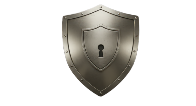Metal shield with keyhole isolated on transparent background representing security, protection, and safety concept
