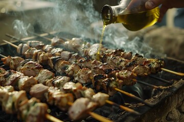 The smoke from the meat on sticks being grilled is visible as it adds to the inviting aroma of delicious food at an outdoor barbecue party.