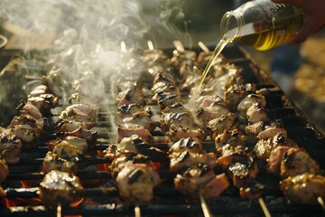 The smoke from the meat on sticks being grilled is visible as it adds to the inviting aroma of delicious food at an outdoor barbecue party.