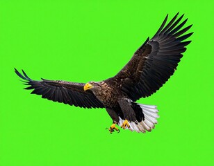 Obraz premium A majestic white-tailed sea eagle in full flight with wings spread wide, isolated against a vibrant green screen background for chroma keying.