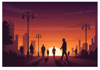 Naklejka premium Silhouetted people walking at sunset in the city, evoking calm and urban lifestyle scenes