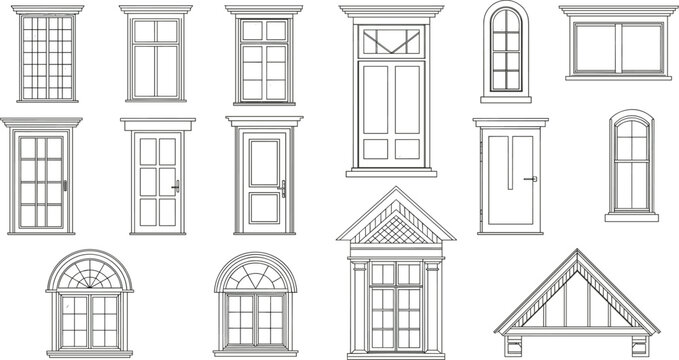 Architectural window and door elevation set, classic building design elements, house exterior drawing, line art collection for architectural planning, construction and home renovation projects