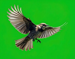 Obraz premium A detailed brown and grey songbird with its wings fully spread in mid-flight against a solid, vibrant green background.