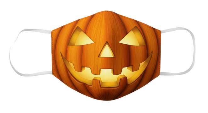 Halloween pumpkin face mask isolated on transparent background, a fun and safe way to celebrate the spooky season