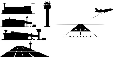 Airport with plane and facilities silhouette vector, transportation concept illustration for background.

