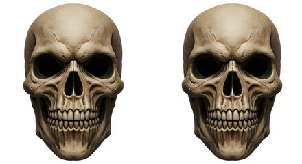 Obraz premium Two human skulls isolated on transparent background, representing mortality, anatomy, and the darker side of existence