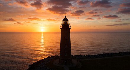 Lighthouse at Sunset – Silhouetted Beacon on Rocky Shore with Glowing Sky and Reflections