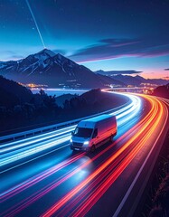 A captivating night-time scene depicts a highway winding through a mountainous landscape, illuminated by vibrant streaks of light from moving vehicles.