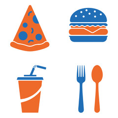 Simple vector graphics depicting pizza slice, hamburger, soda cup with straw, and a fork and spoon.