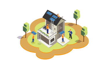 Modern isometric home service solar panel installation team. Suitable for Diagrams, Game Asset, And Other asset