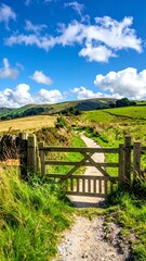 A sun-drenched country path winds through a verdant landscape, leading to a rustic wooden gate under a vibrant blue sky.