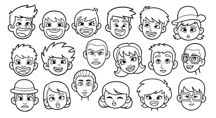 A diverse collection of black and white cartoon children's faces showcases a wide range of expressive emotions and unique personalities in a clean line art style