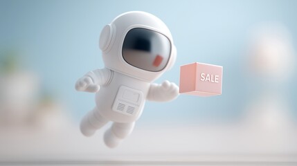 A cute astronaut figure in glossy white armor presents a sale cube, symbolizing futuristic e-commerce, innovation, and technology-driven shopping promotions. The minimal design and pastel tones