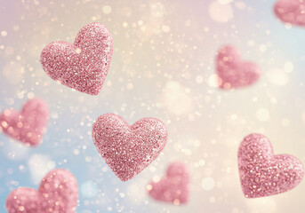 Obraz premium Elegant pink glitter hearts floating gently against a bokeh background for Valentine's Day designs
