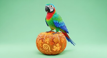 Obraz premium Colorful macaw perched atop a carved pumpkin against a soft green backdrop in a festive autumn scene rendering
