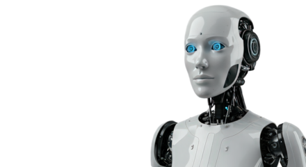 Portrait of a humanoid robot with blue eyes isolated on transparent background looking to the left side