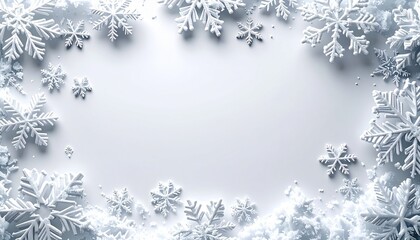 White background with decorative snowflakes placed around the frame, copy space in the center Concept: winter background, snowflakes design, Christmas decoration, festive border, seasonal frame 