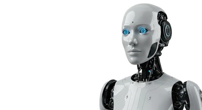 Portrait of a humanoid robot with blue eyes isolated on transparent background looking to the left side