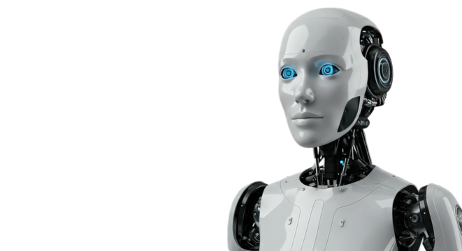 Portrait of a humanoid robot with blue eyes isolated on transparent background looking to the left side