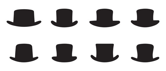 Silhouette of top hat in different shapes isolated on white background.