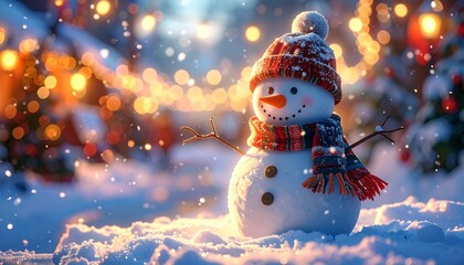 cheerful snowman adorned with cozy hat and scarf stands amidst festive atmosphere filled with glowing lights. scene captures joy of holiday season